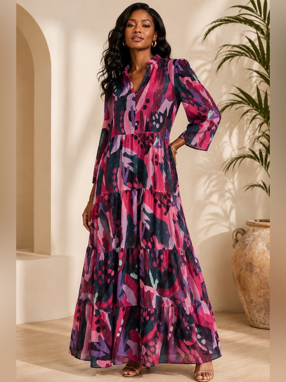 CROSBY by Mollie Burch Abstract Print Tiered Maxi Dress | Large | Like New